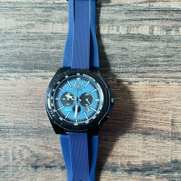 Men's Citizen Eco-Drive BRT Chronograph Watch Navy Blue Band - Picture 2 of 9